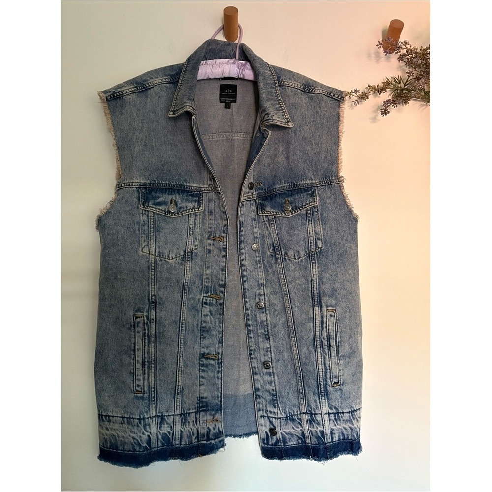 Armani Exchange A|X Oversized Long Denim Vest Small Acid Wash Raw Hem